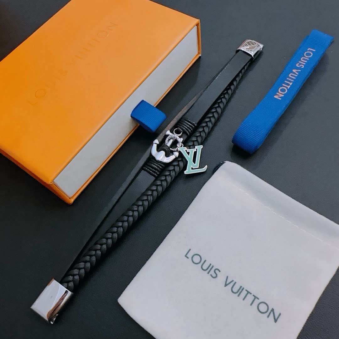 Louis Vuitton Leather Bracelet with Anchor and LV Logo